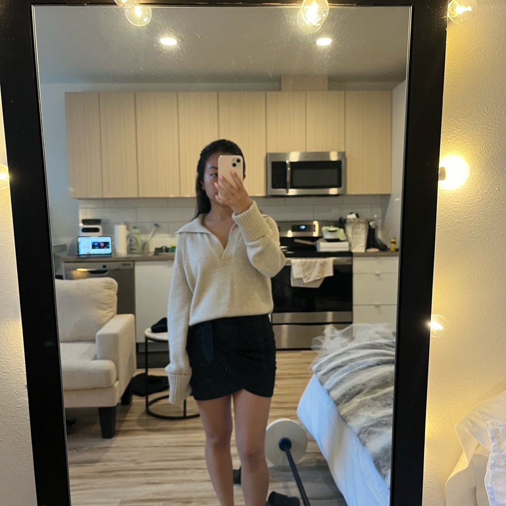 Cream Sweater and Black Skirt Outfit
